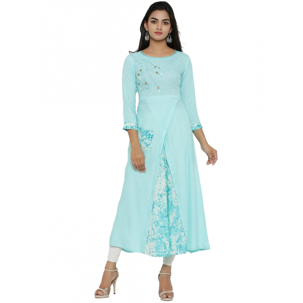  Women's Casual 3/4 th Sleeve Embroidery Rayon Kurti (Sky Blue)