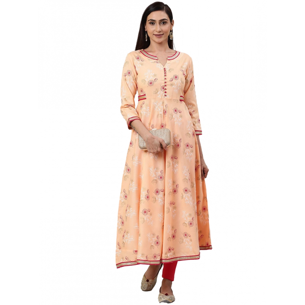  Women's Casual 3/4 th Sleeve Floral Printed Rayon Kurti (Peach)