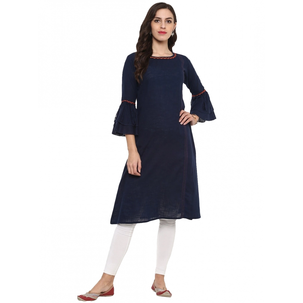  Women's Casual Bell Sleeves Solid Cotton Slub Kurti (Blue)