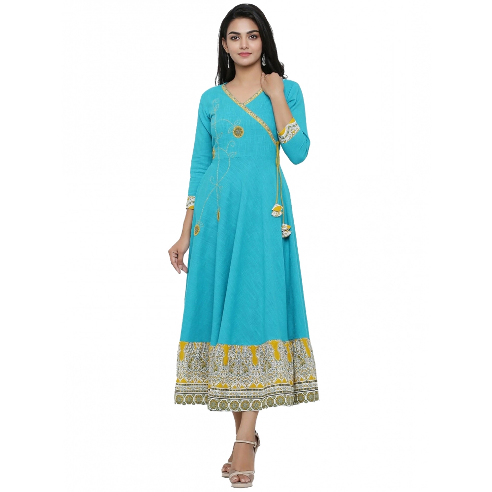  Women's Casual 3/4 th Sleeve Embroidery Cotton Blend Kurti (Torque Green)