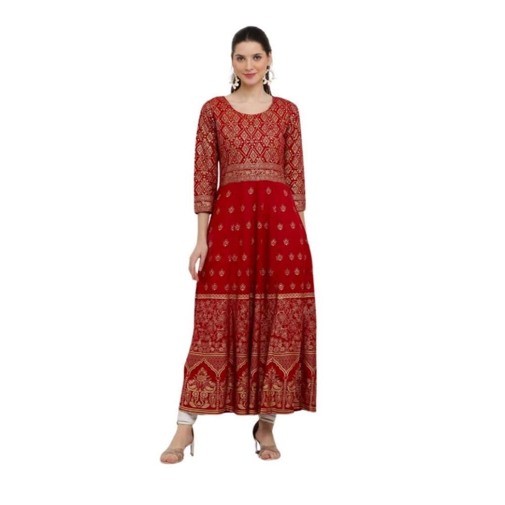  Women's Casual Rayon 3-4th Sleeves Anarkali Kurti (Red)