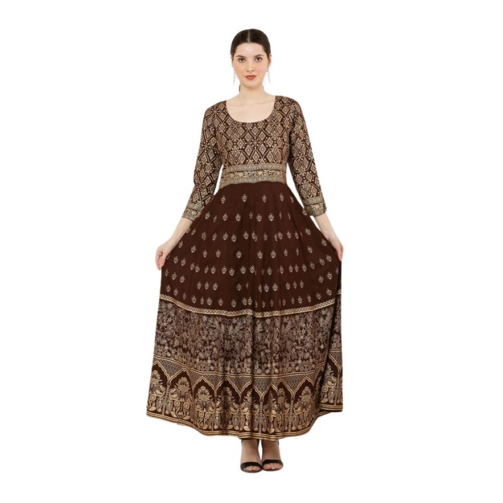  Women's Casual Rayon 3-4th Sleeves Anarkali Kurti (Brown)