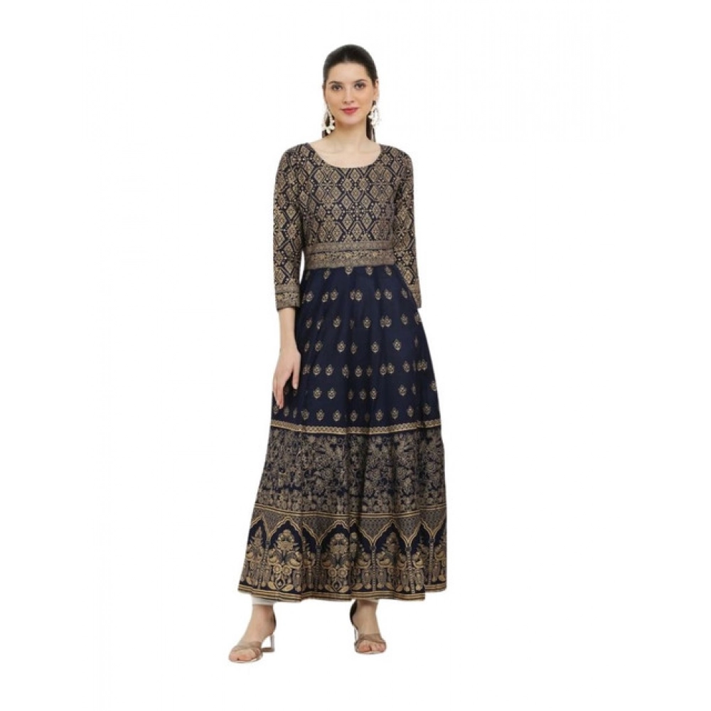 Women's Casual Rayon 3-4th Sleeves Anarkali Kurti (Blue)