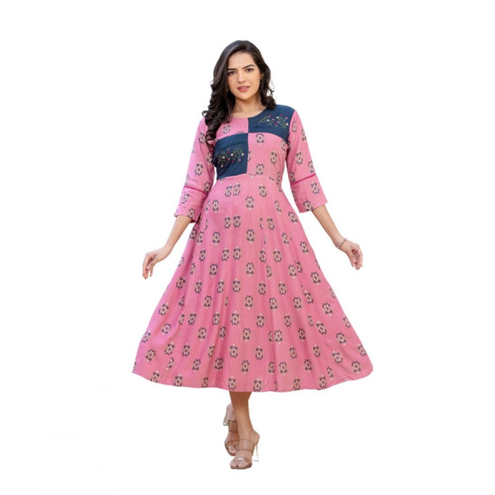  Women's Rayon  Print With Embroidery Work A-Line Kurti (Wine)