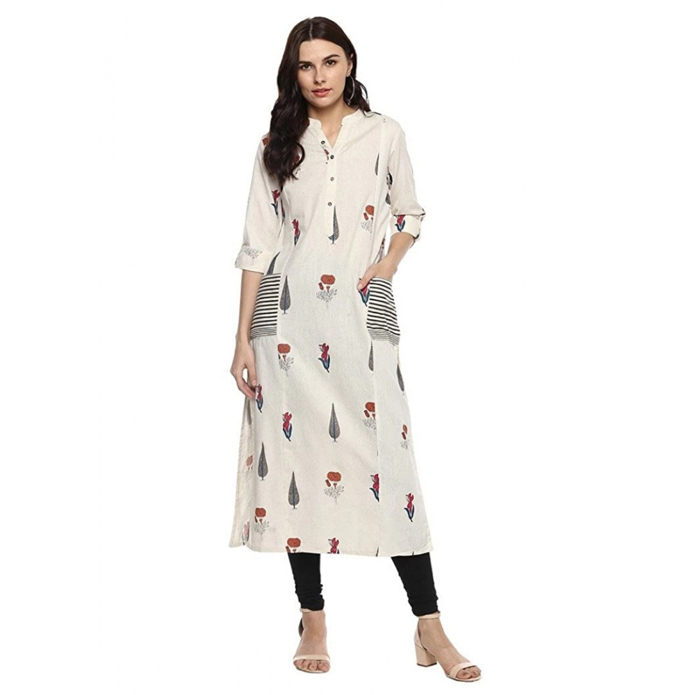  Women's Khadi Printed A Line Kurti (Off White, Khadi)