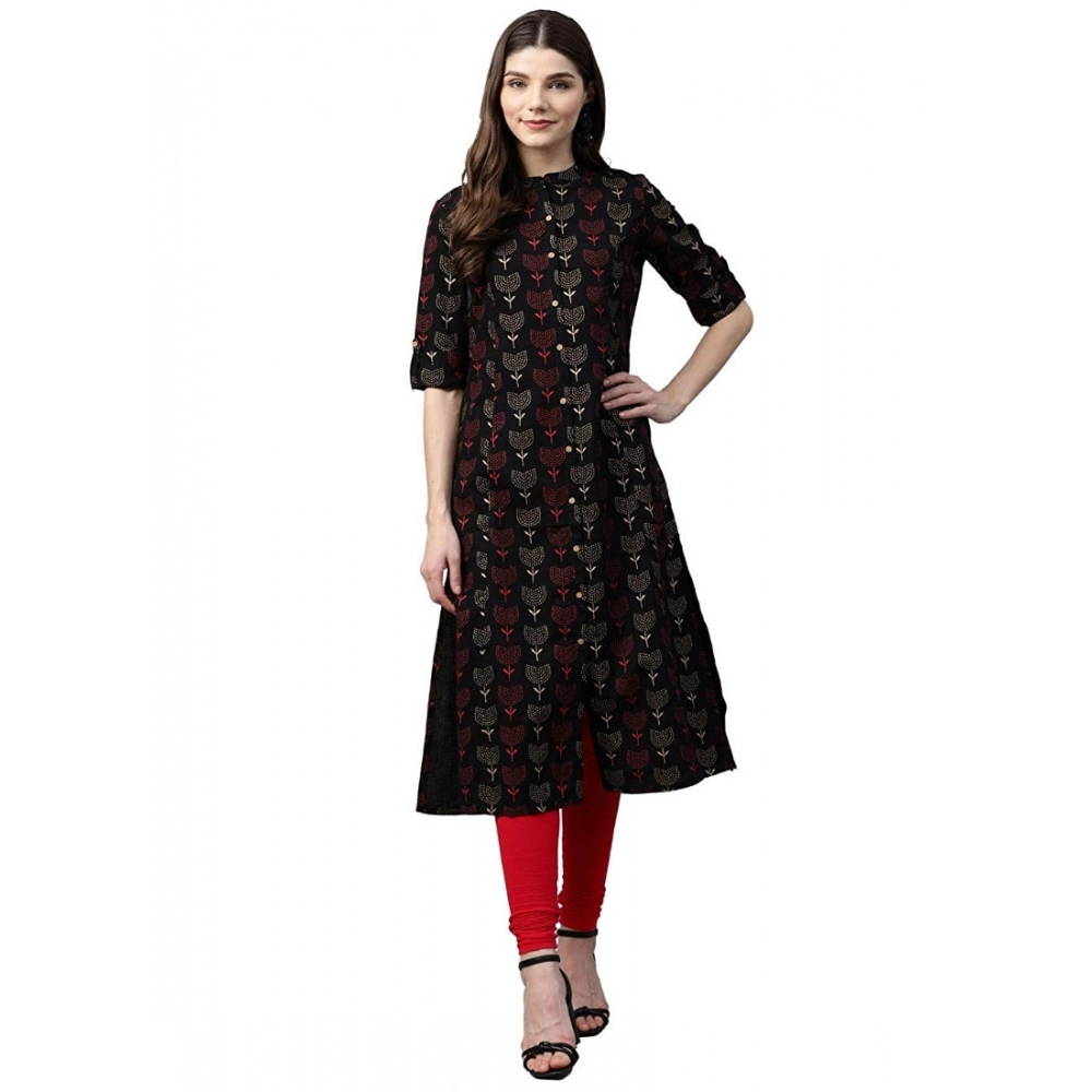 Women's Cotton Printed A Line Kurti (Black, Cotton)