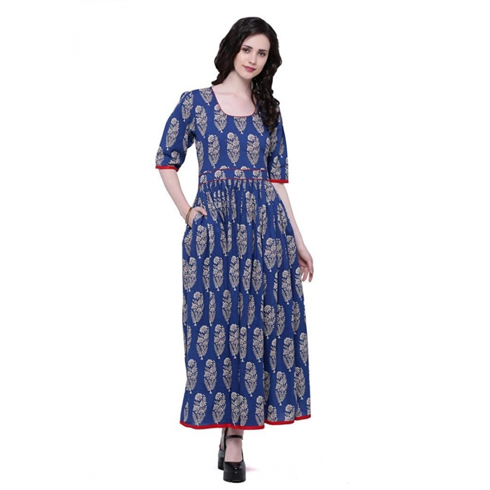  Women's Cotton Printed Anarkali Kurti (Blue, Cotton)