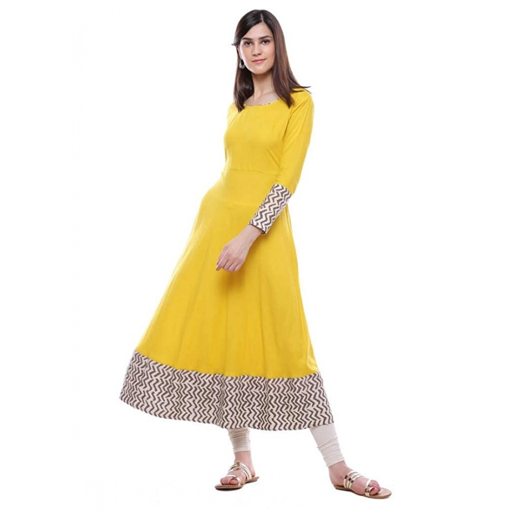  Women's Rayon Printed Solid Anarkali Kurti (Yellow, Rayon)