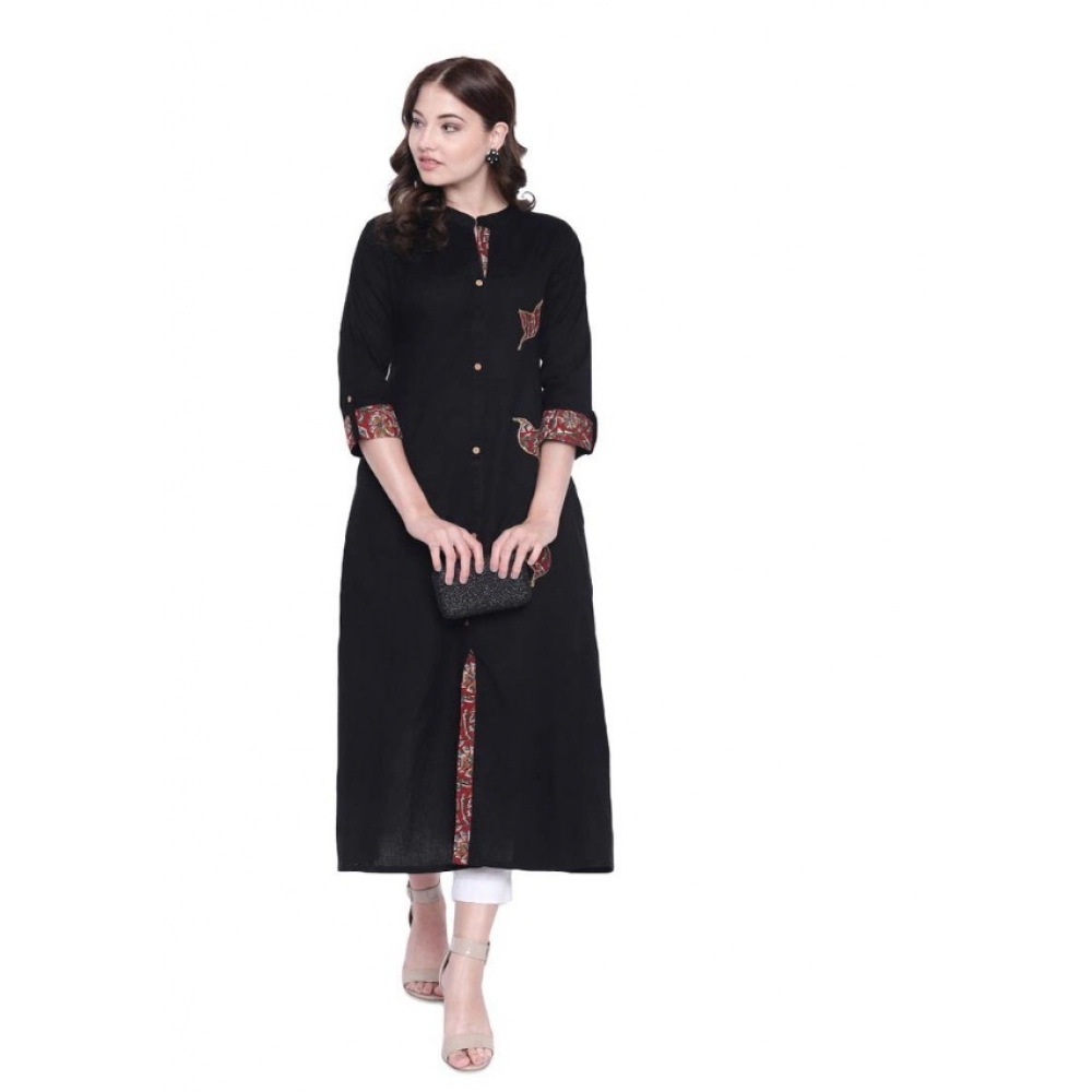  Women's Khadi Printed A Line Kurti  (Black, Khadi)